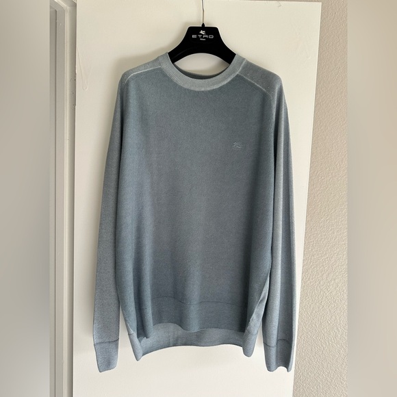 NWT $670 Etro Sweater virgin Wool Light Blue Multi Color Pegasus Logo Large L - Picture 3 of 16
